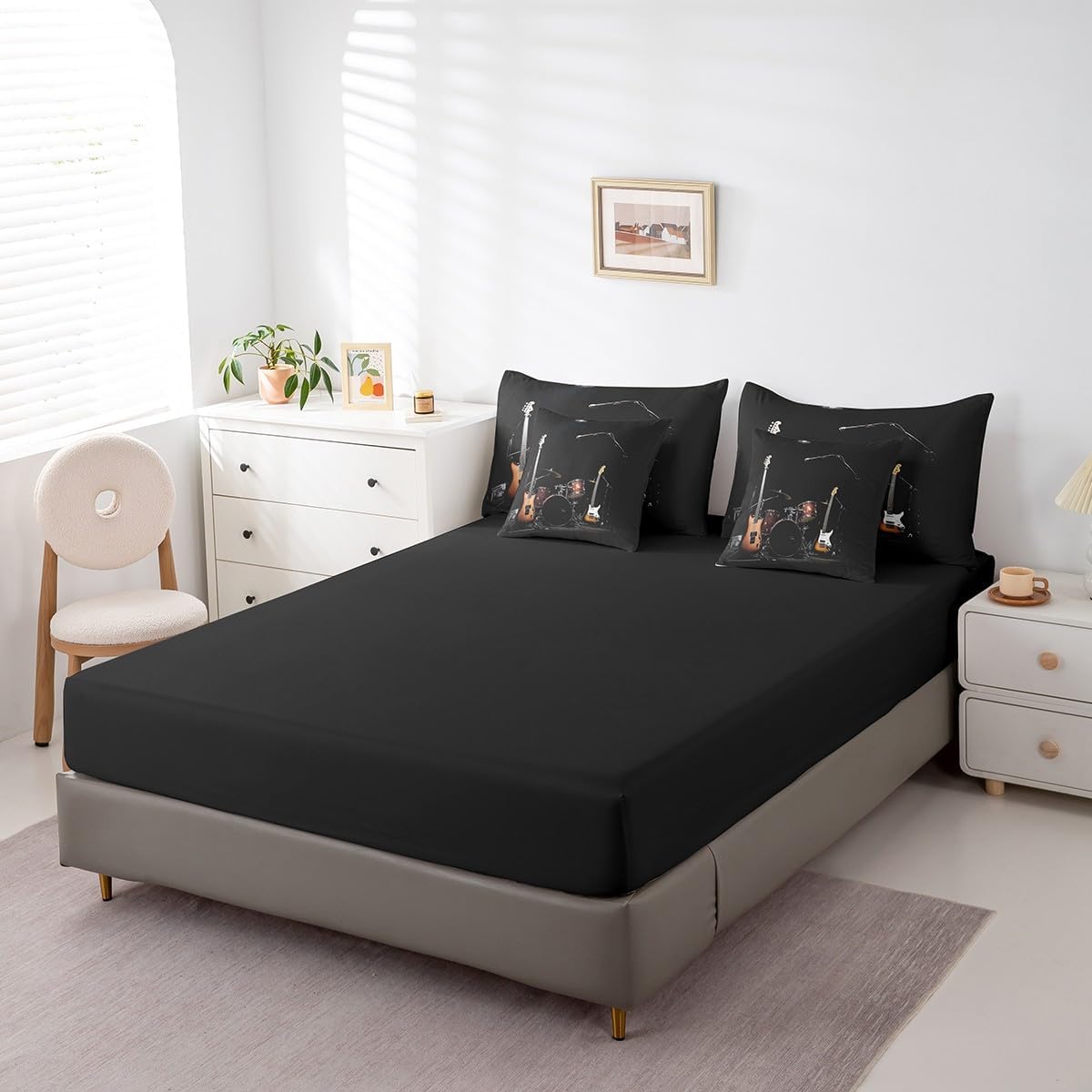 jejeloiu Musical Instrument Comforter Set 7 Pieces Queen Size Guitar Drum Kit Bedding Set for Kids Boys Girls Black Orange Bed in a Bag with Comforter + Sheets + Pillowcases + Cushion Covers