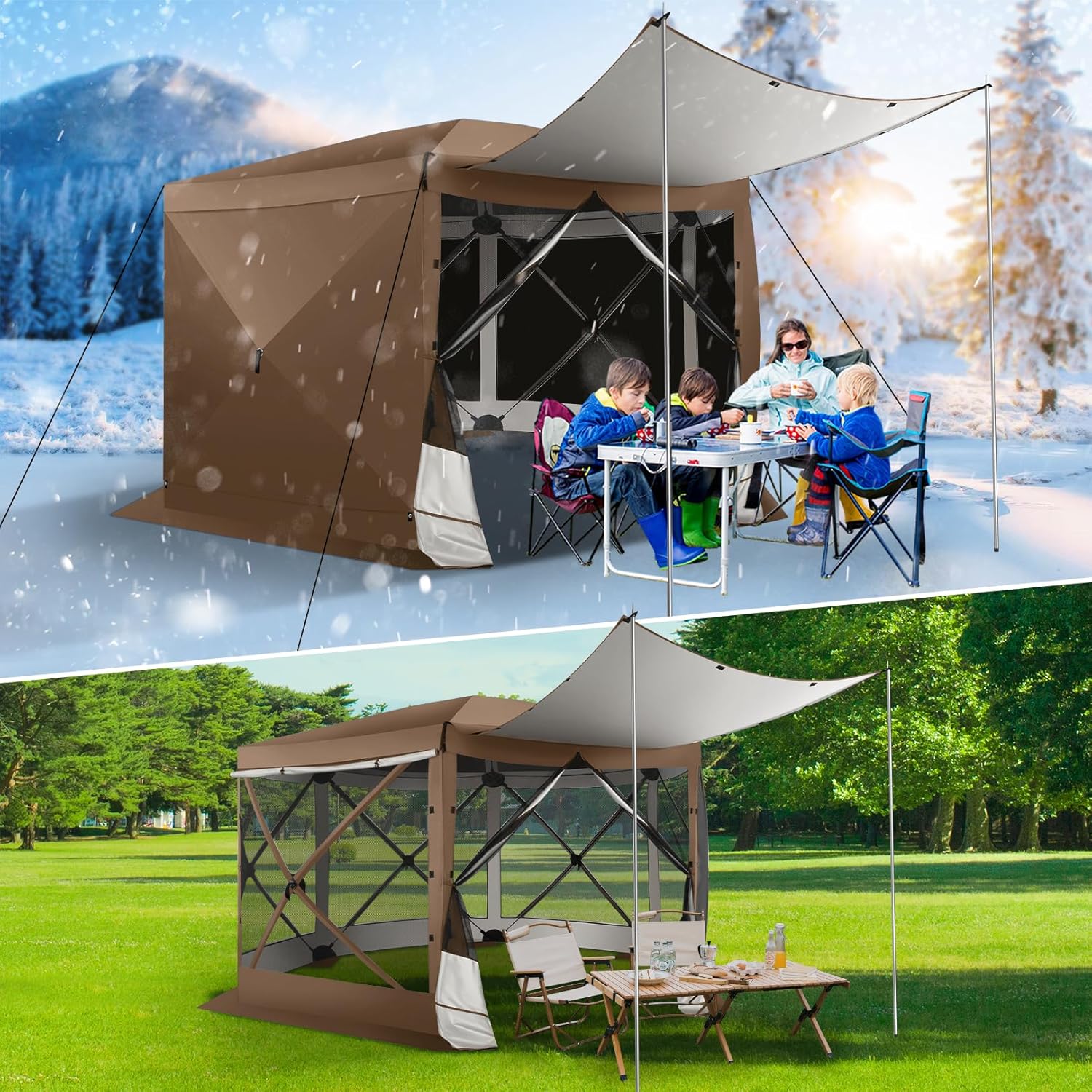 COBIZI 12x12 pop up Gazebo on Clearance Screen Tent for Camping,Scalable Sesign Outdoor Canopy Tent with Extension Support Poles & sidewalls,with Portable Carrying Bag and Ground Stakes,Brown