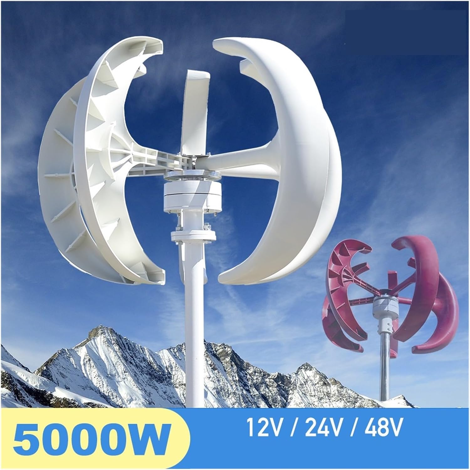 5000W Wind Turbine Generator Vertical Axis Wind Turbine Generator Low Noise Low Start Wind Speed 12V 24V 48V Windmill With MPPT Charger Low Starting Speed for Home(White,WITH MPPT CHARGER_48V)