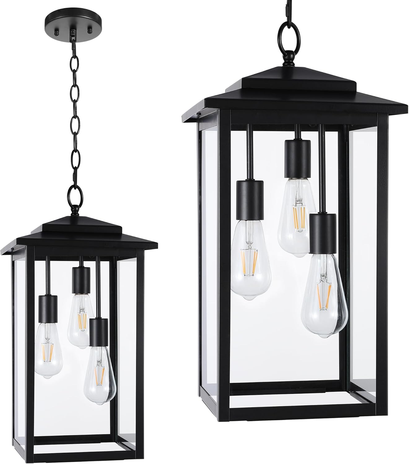 LamQee Large Outdoor Pendant Lights for Porch, 3-Lights Matte Black Outdoor Chandelier Lighting Fixture, Modern Exterior Ceiling Hanging Lantern with Glass, for Front Door Patio Gazebo Entryway Foyer