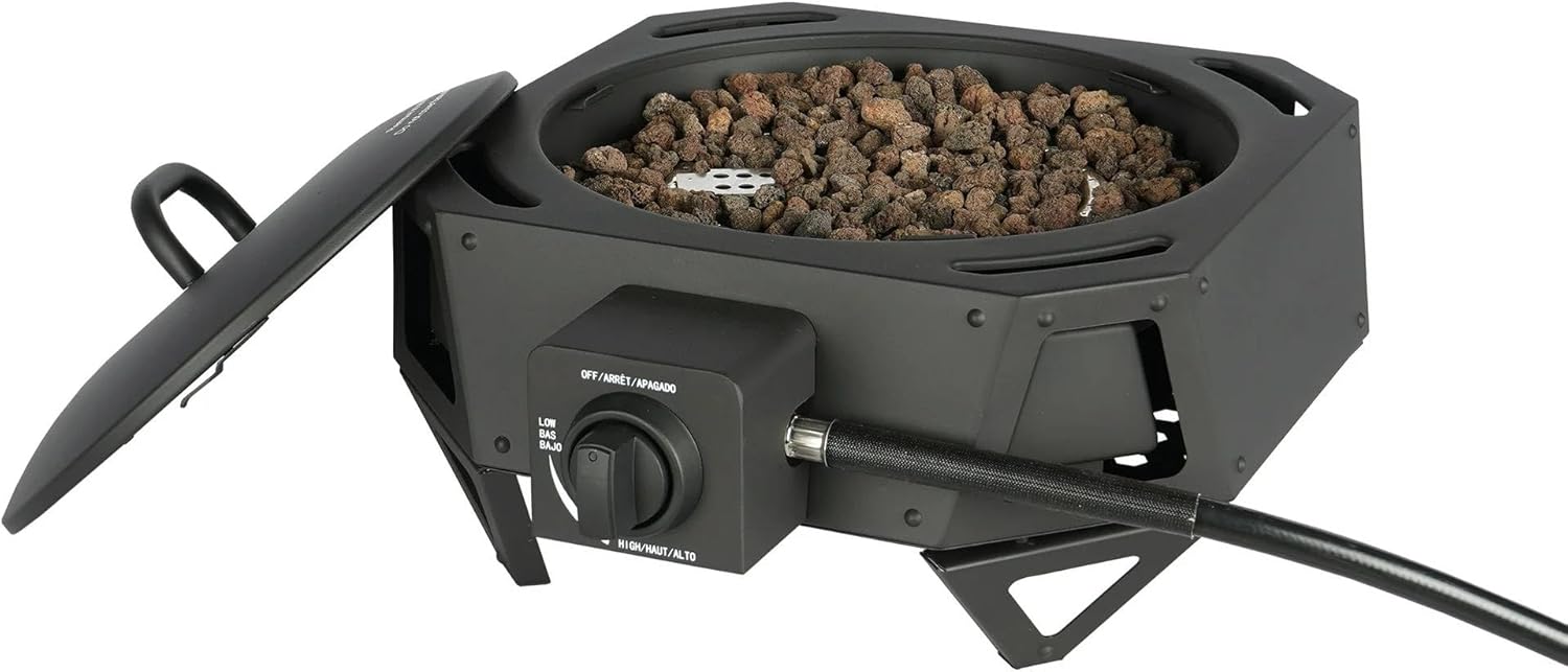 Portable Propane Gas Fire Pit with Locking Lid – 54,000 BTU Outdoor Steel Fire Bowl with Lava Rocks, Hose & Regulator, 15-Inch, Square Camping Gas Heater