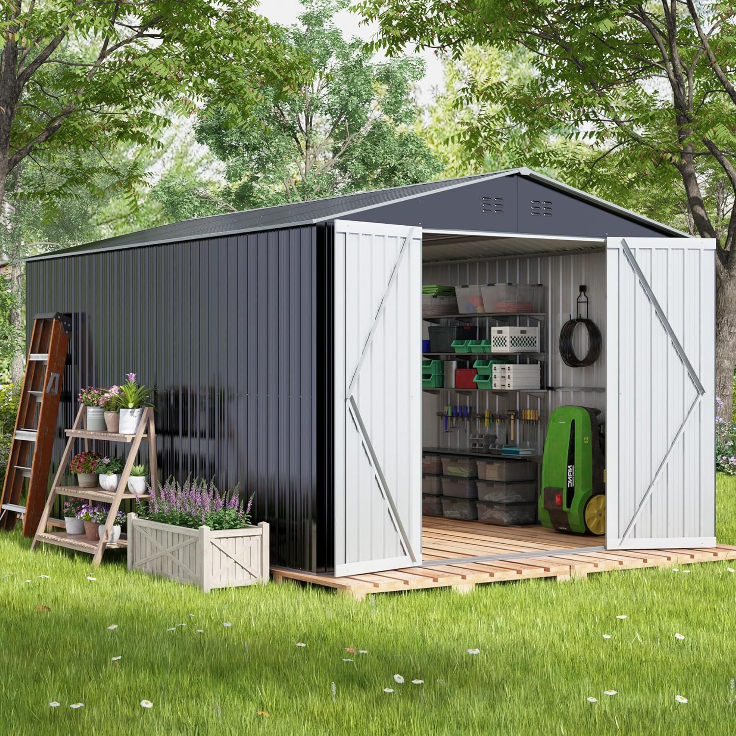Outdoor Sheds 10FT x 10FT Outdoor Storage Clearance, Metal Anti Corrosion Utility Tool House with Lockable Door Shutter Vents, Waterproof Storage GShed for Backyard Lawn Patio