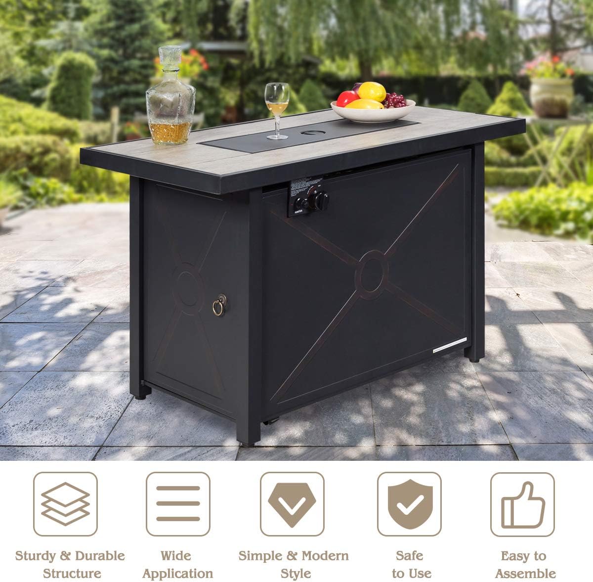 42-Inch Fire Table Outdoor, 60,000 BTU Propane Gas Fire Pit Table with Ceramic Tiles Tabletop, Lid, Lava Rock, Electric Igniter & Hideaway Tank Holder, Fire Pit for Outside, Garden(Black)