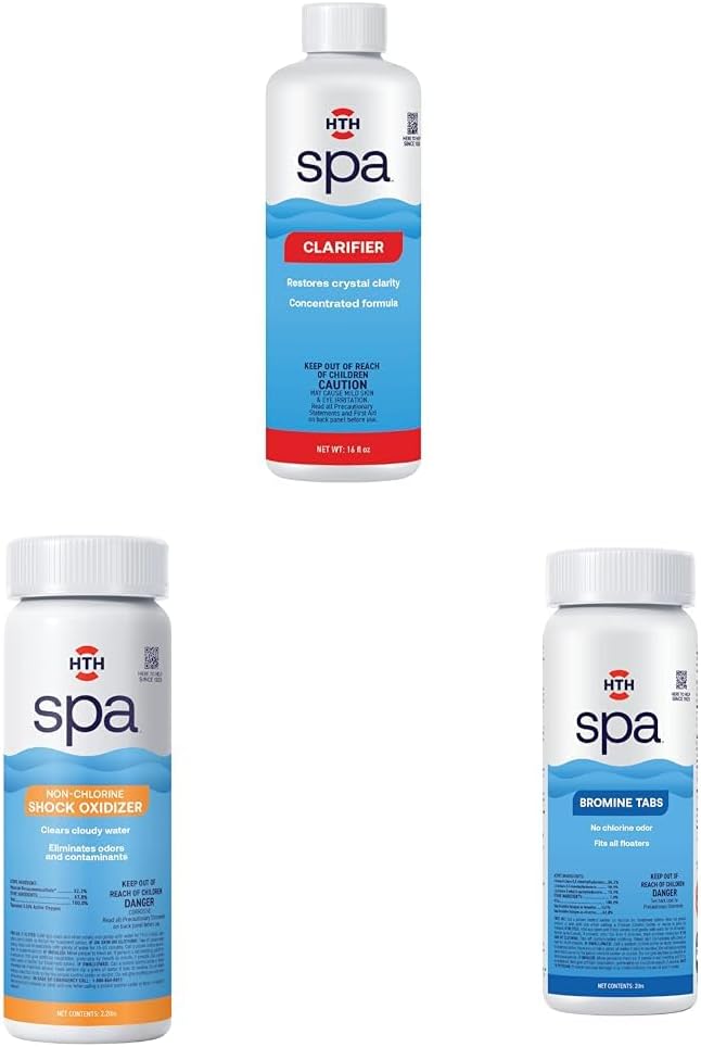 HTH Spa 86121 Clarifier & Spa 86135 Non Chlorine Shock Oxidizer & Spa 86108 Bromine Tabs, Spa & Hot Tub Chemical Sanitizer, Fits All Floaters, 2 lbs