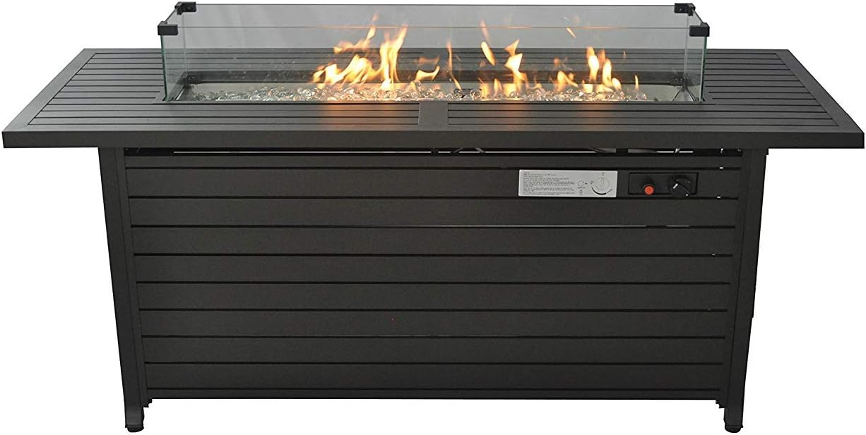 57 in Propane Fire Pit Table, 50000BTU, Retangular Outdoor Gas Fire Pit Table, Firepit Table with Lid & Wind Guard, for Garden Backyard Deck Patio Camping Party