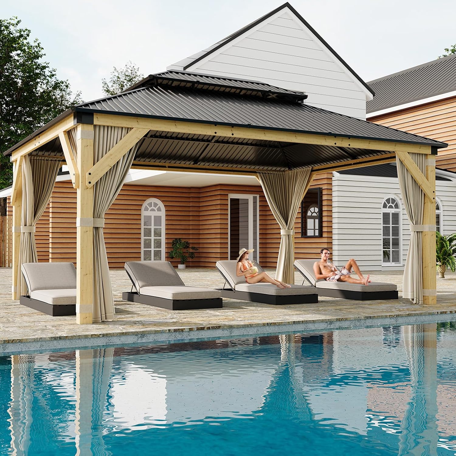 12x16 ft Hardtop Gazebo with Nettings and Curtains, Heavy Duty Wood Grain Double Roof Galvanized Steel Outdoor Gazebo Canopy Combined of Vertical Stripes Roof for Patio, Backyard, Deck, Lawns, Khaki