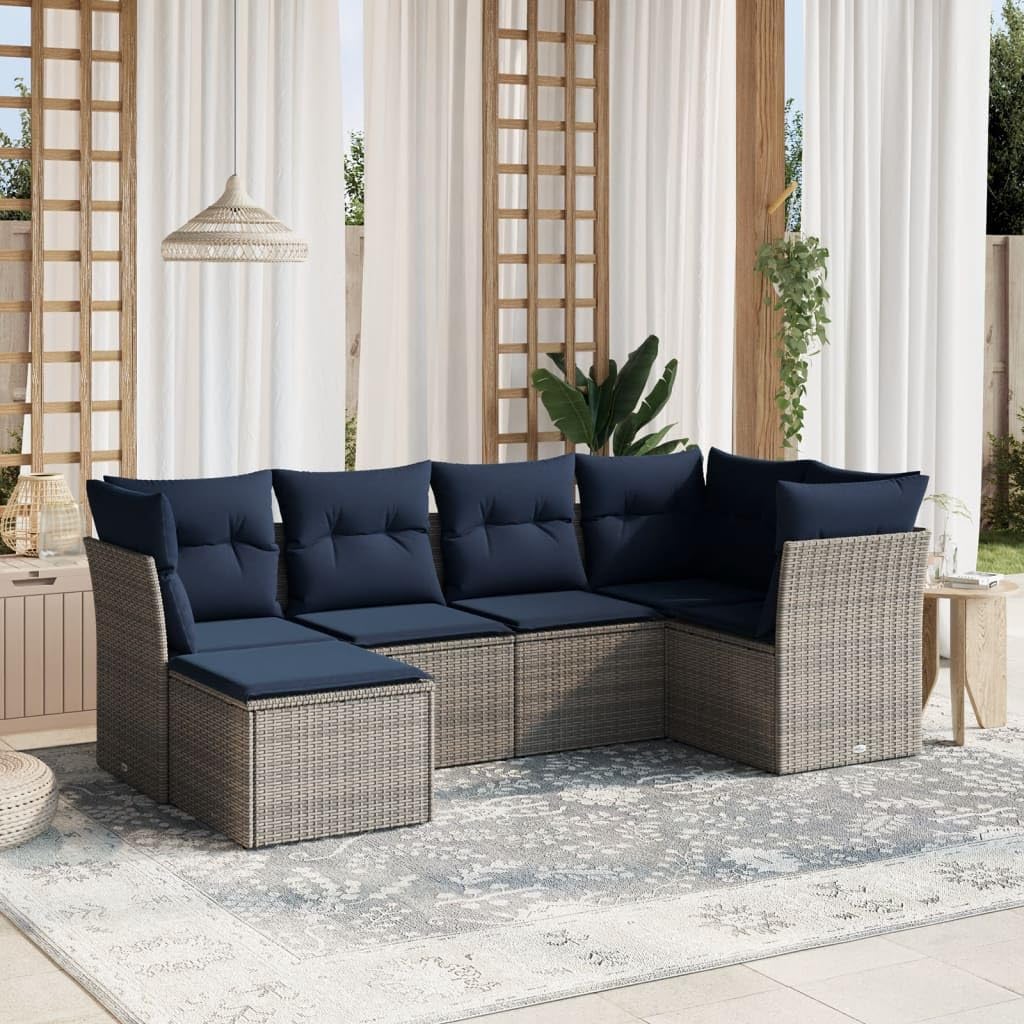 6 Piece Patio Sofa Set, Gray Poly Rattan Outdoor Furniture with Cushions, Modular Design for Backyard Terrace, UV-Proof
