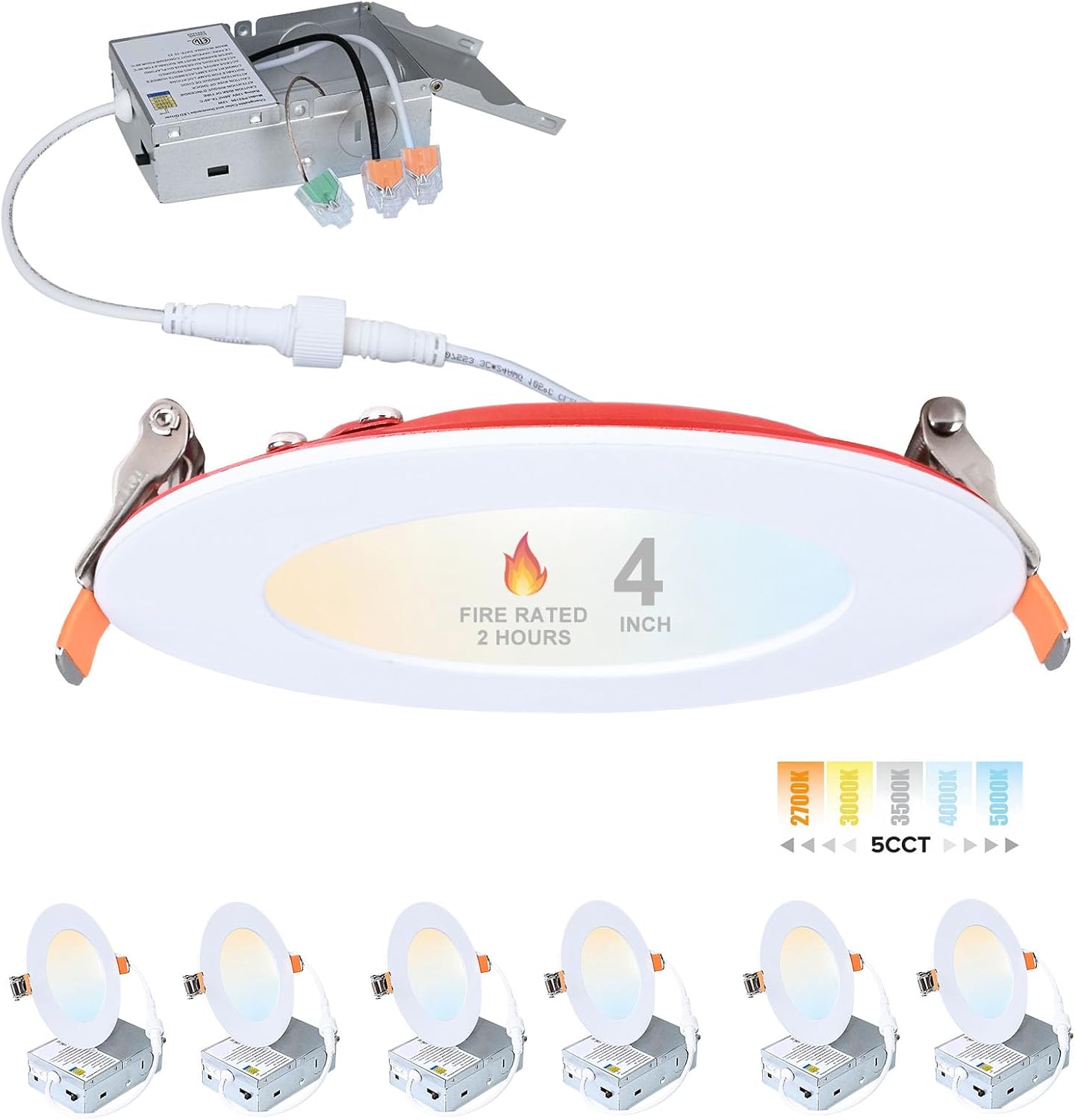 4-Inch Fire-Rated Recessed Light-5CCT Selectable 2700k/3000k/3500k/4000k/5000k,9W with Junction Box,2 Hours Fire Rated, High Brightness,Dimmable,White,Pack6