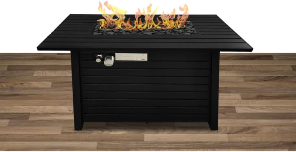 Modern 54 Inch Steel Outdoor Fire Pit Table with Weather-Resistant Finish and Lava Rocks for Patio or Deck