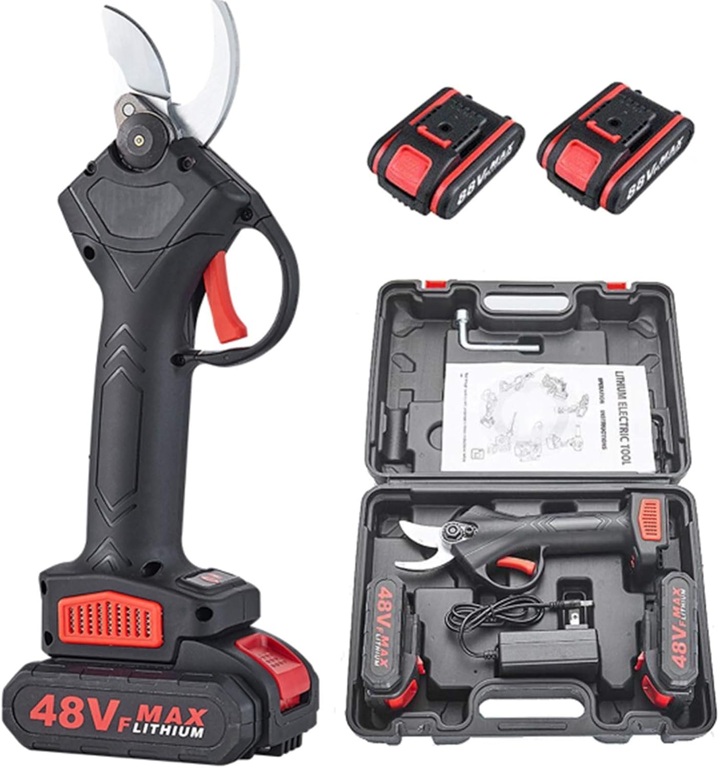48V Cordless Electric Pruning Shears With Case&Backup Rechargeable Battery Powered Garden Tree Branch Pruner Trimmer For G, One-Hand Lightweig
