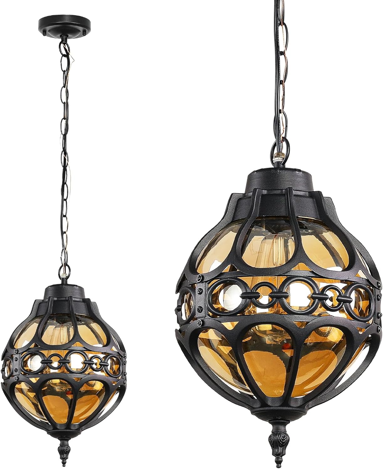 Globe Outdoor Pendant Lights,Vintage Exterior Hanging Pendant Light Fixtures with Adjustable Chain, Aluminum Black Outdoor Chandelier for Porch, Gazebo, Entryway,No Sensor,Large