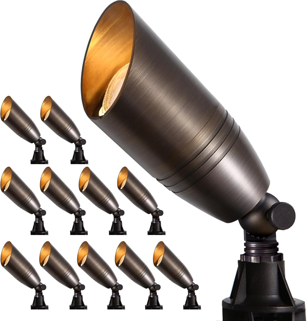 Gardencoin Solid Brass Outdoor Landscape Spotlights, 12V Heavy Duty Low Voltage Landscape Lighting, LED Spot Light Fixture Waterproof, Bronze Uplight Without MR16 Bulb (Classic, 12pack)