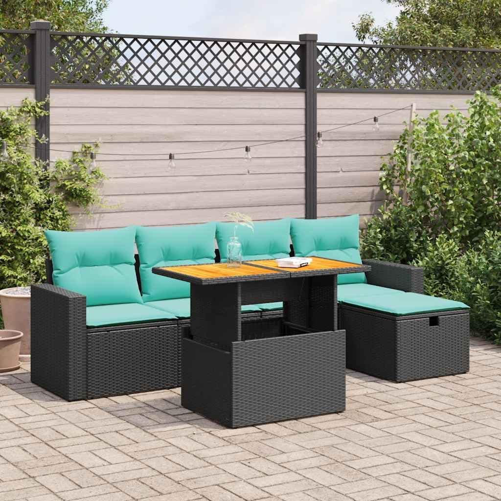 6 Piece Patio Sofa Set, Black Poly Rattan Acacia Wood Table, Outdoor Sectional Furniture with Storage, Blue Cushions, UV-Proof for Garden Backyard
