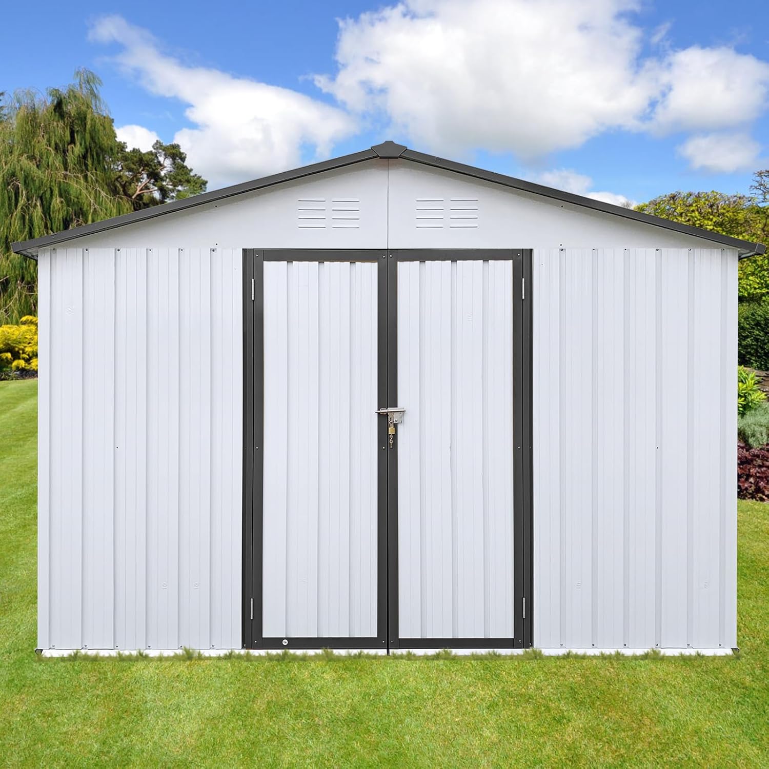 Outdoor Storage Shed, Steel Utility Tool Shed Storage House with Door & Lock, Metal Sheds Outdoor Storage for Garden Patio Lawn Poolside for Bicycles, Tools, Lawnmowers (White+Gray)