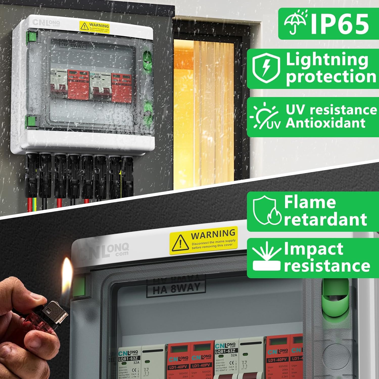 2 Strings Solar Disconnect Switch 32 Amp DC 500V Circuit Breaker with Lightning Surge Protector Arrester and IP65 Waterproof PV Combiner Breaker Box 2 in 2 Out for Solar Panel System