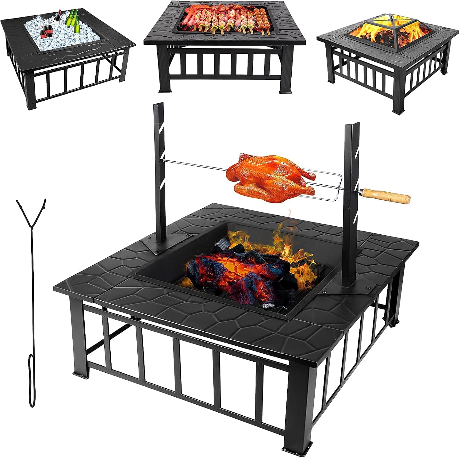 Outdoor Fire Pits for Garden with Uprights Rotisserie,Square Firebowls with Grill,3 in 1 Fire Pit Table/Heaters/Ice Pit for Patio Camping Bonfire,with Mesh Cover Grill Charcoal Nets Poker