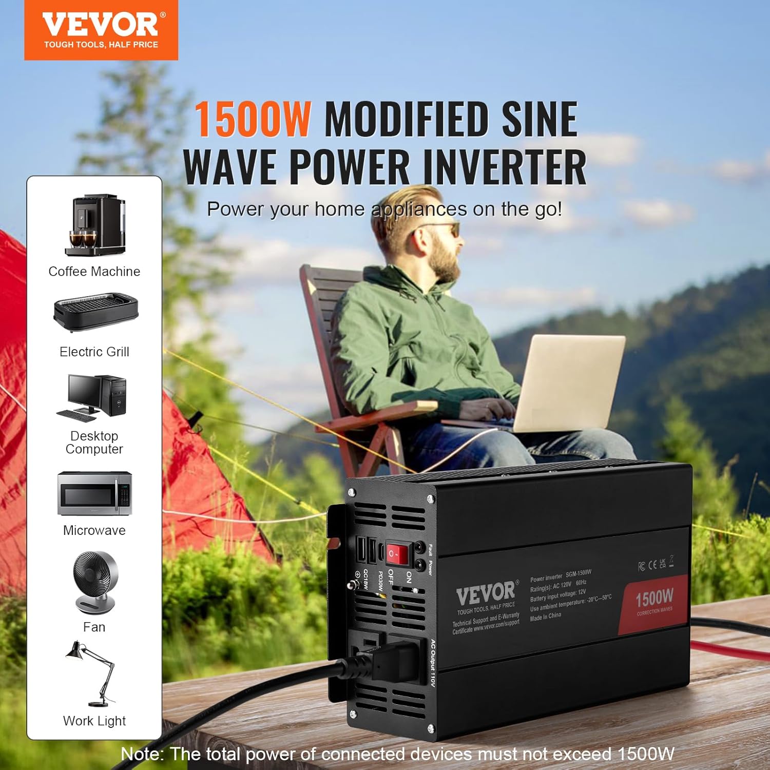 VEVOR Modified Sine Wave Inverter, 1500W Power Inverter DC 12V to AC 120V with 2 AC Outlets 2 USB Port 1 Type-C Port 6 Spare Fuses, for Small Home Devices Like Smartphone Laptop, CE FCC Certified