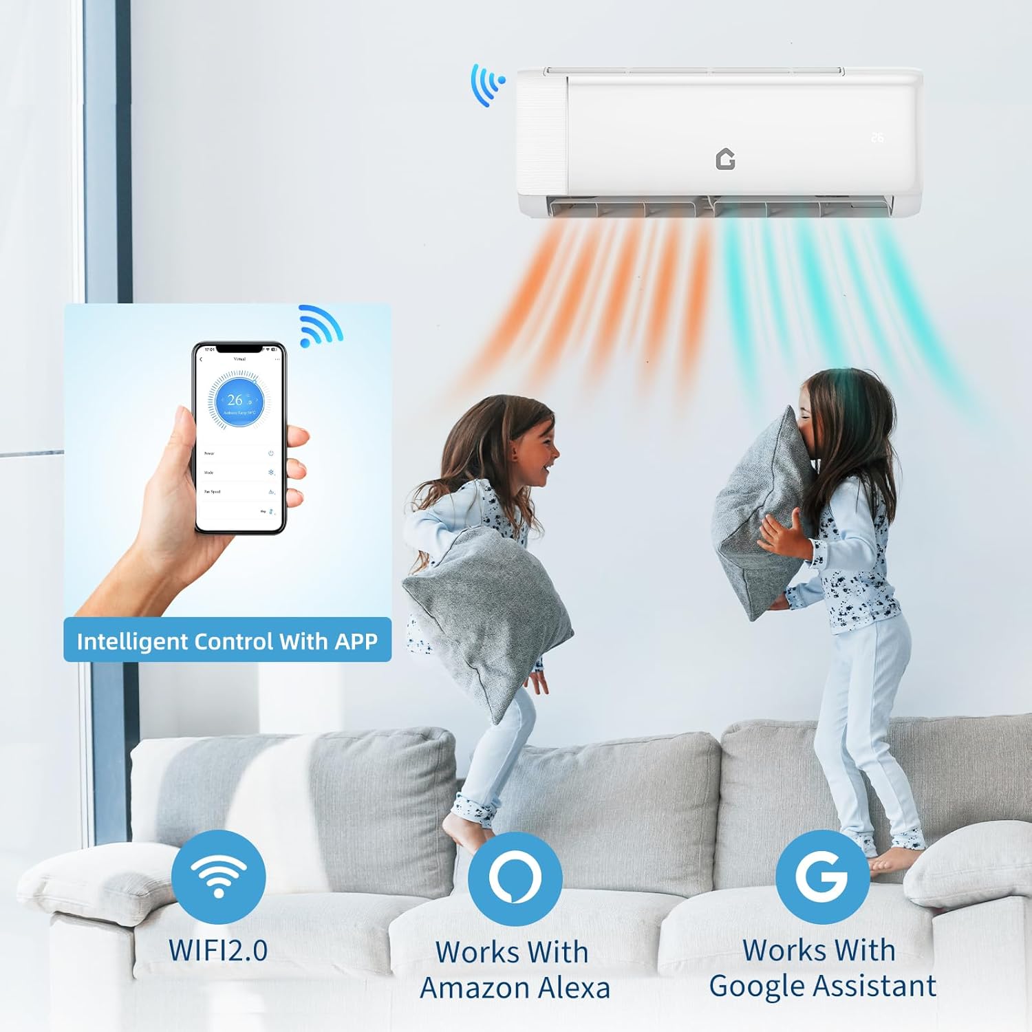 Doppeltcharm Mini Split Ac Heating System Air Conditioner Ductless Heat Pump, Cools Up to 1500 Sq. Ft with WiFi & Alexa Compatible, Complete Installation Kit,（24,000 BTU ，19 SEER2, 208-230V）