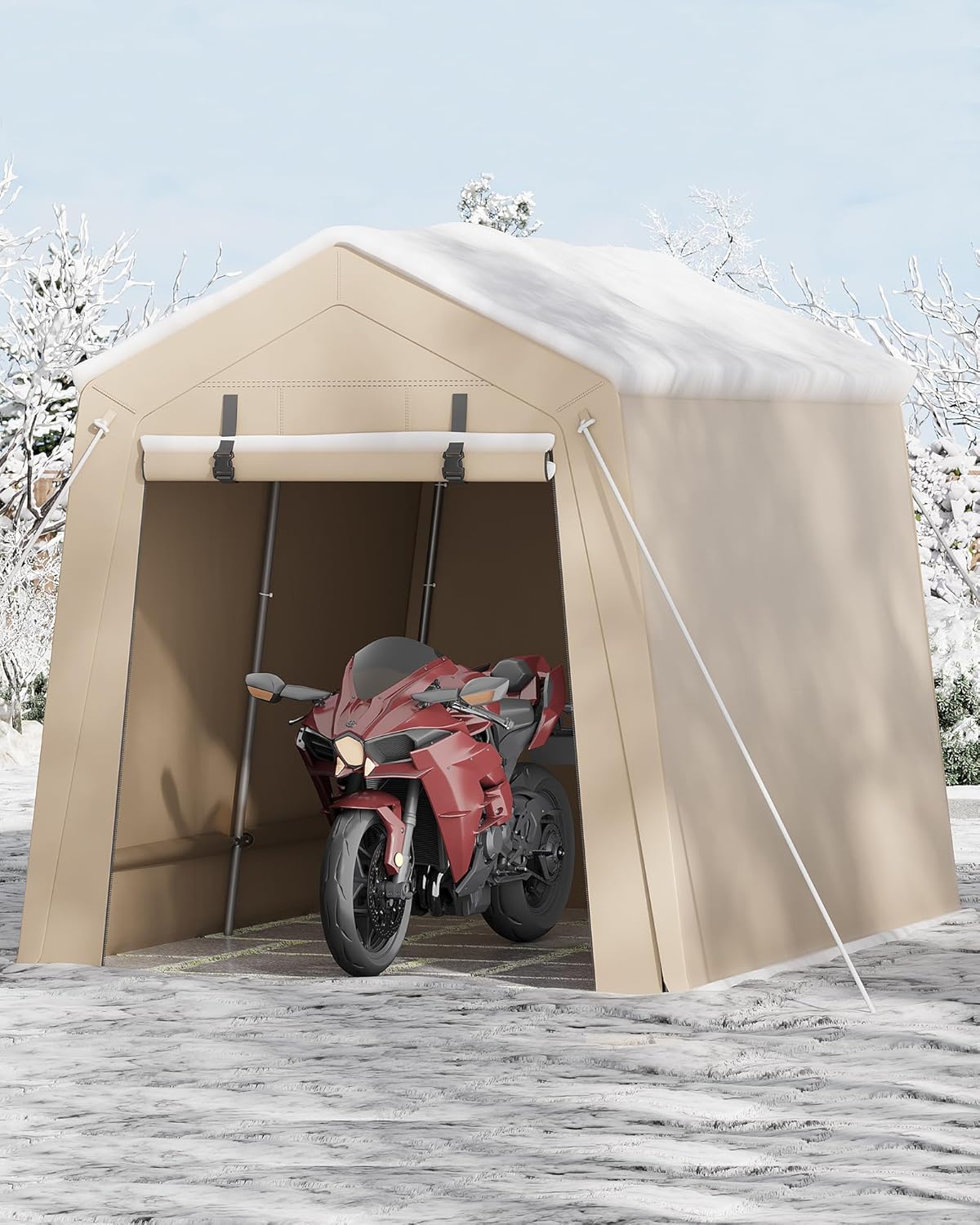 7 x 10 Ft Carport Portable Storage Shed Outdoor Tarp Sheds with Roll-Up Door, Bike Shed Storage Tent for Motorcycle, Garden Tools Khaki