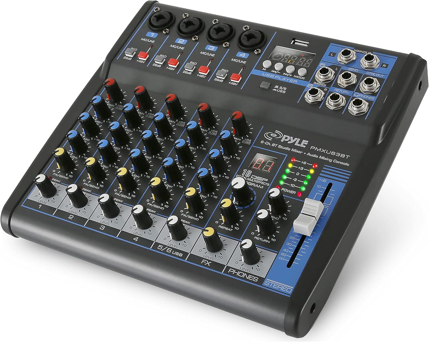 Pyle 6-Channel Professional Audio Mixer - USB - Bluetooth - 48V Phantom Power - Digital MP3 Input - FX 16-Bit DSP - Desk System Interface - PMXU63BT