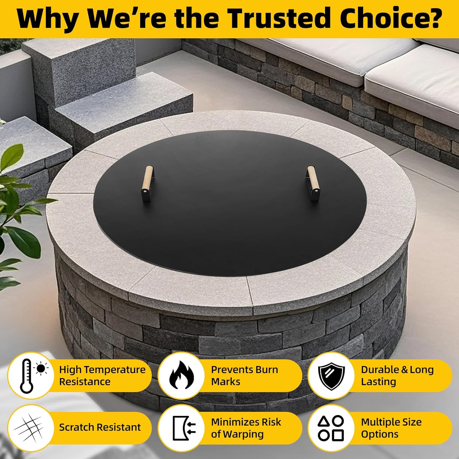 G GOOD GAIN Firepit Lid Round 38 Inch - Rust Resistant Fire Pit Lid Cover with Wooden Handle & Gloves, Fire Pit Snuffer Lid for Courtyards, Patio, Winter Cold Protection. Fits Fire Pits Up to 36