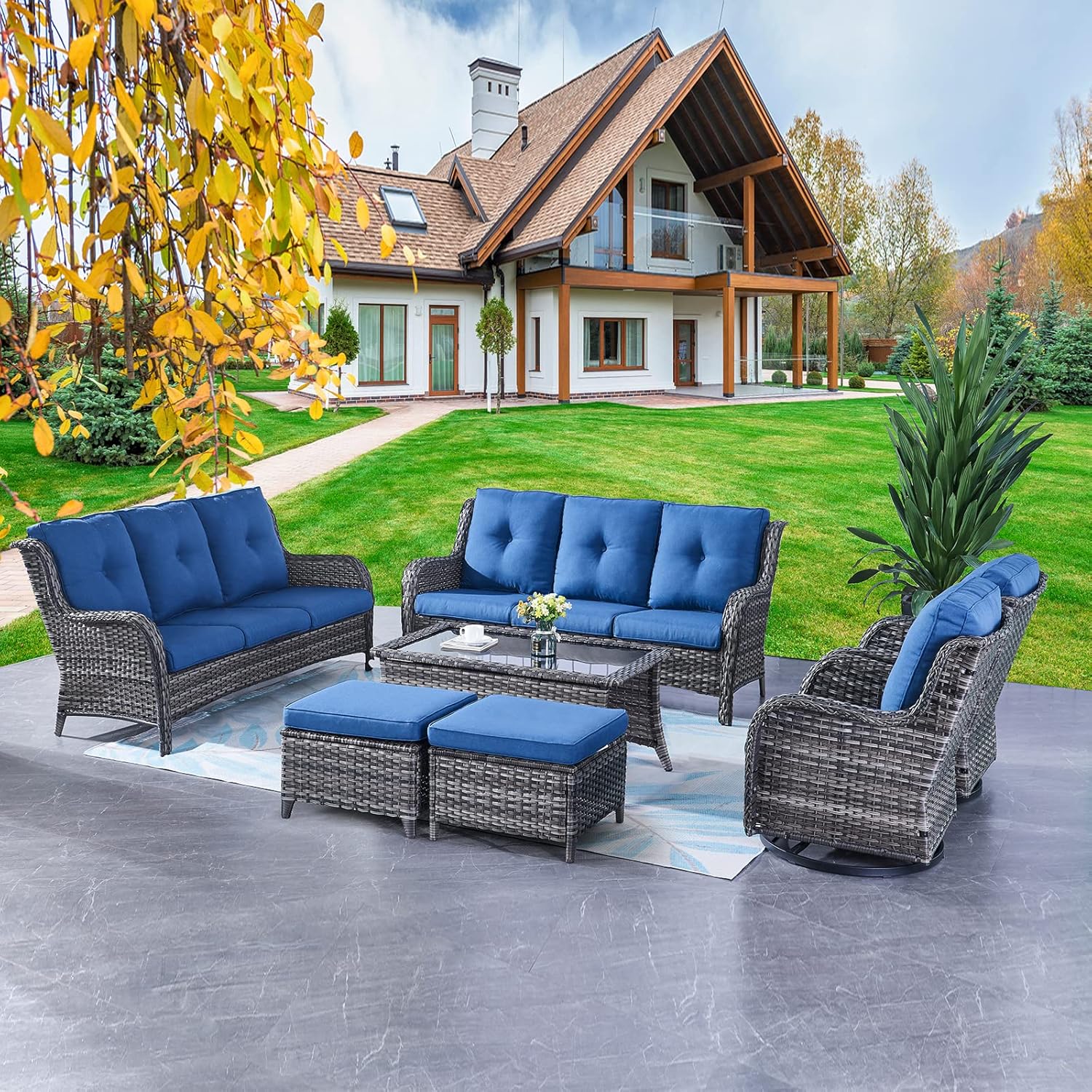 Rilyson Wicker Patio Furniture Set - 7 Piece Rattan Outdoor Sectional Conversation Sets with 2 Rocking Swivel Chairs,2 Ottomans,2 Sofa and 1 Coffee Table for Porch Deck Garden(Mixed Grey/Blue)