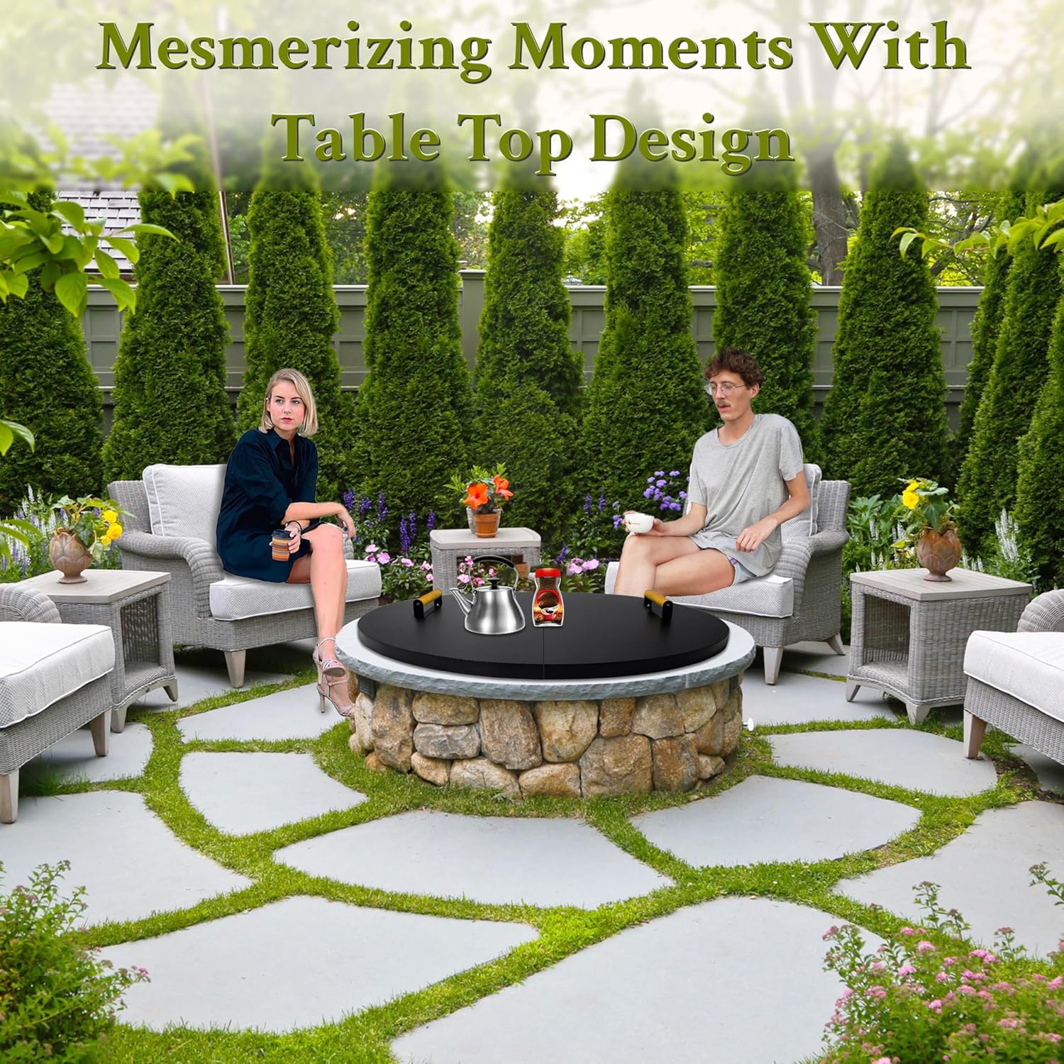 42” Round Fire Pit Lid – Heat Resistant Fire Pit Cover Lid Round for Outdoor Fireplace -16 Gauge Steel Flat Fire Pit Burner Pan Cover with Dual Wooden Handles Snuffer Lid for Patio Fire Pit Ring