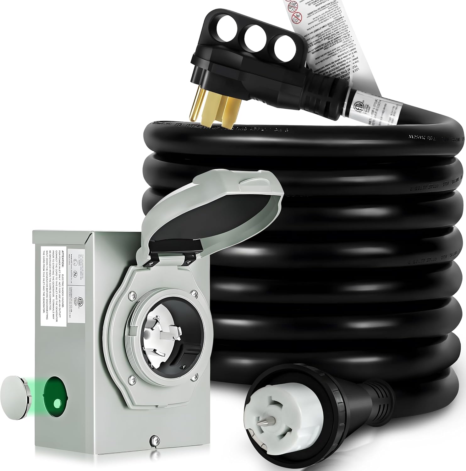 50 Amp Generator Cord 25FT and Pre-Drilled Power Inlet Box, 50 amp Generator Power Inlet Box and Cord, NEMA 14-50P to SS2-50R Generator Cord Combo Kit, STW 6/3+8/1 AWG 125V/250V, Twist Lock Connector