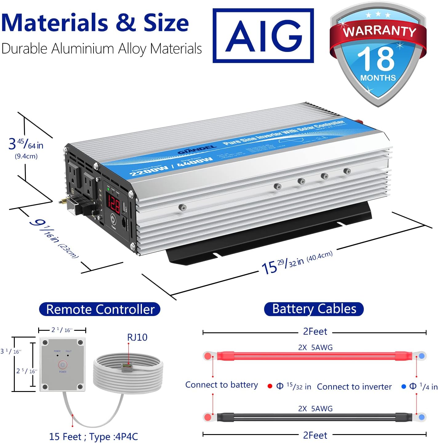 2200Watt Pure Sine Wave Solar Power Inverter with 20A Solar Charger Controller PWM and Wired Remote for Solar Setup RVs Camper Truck