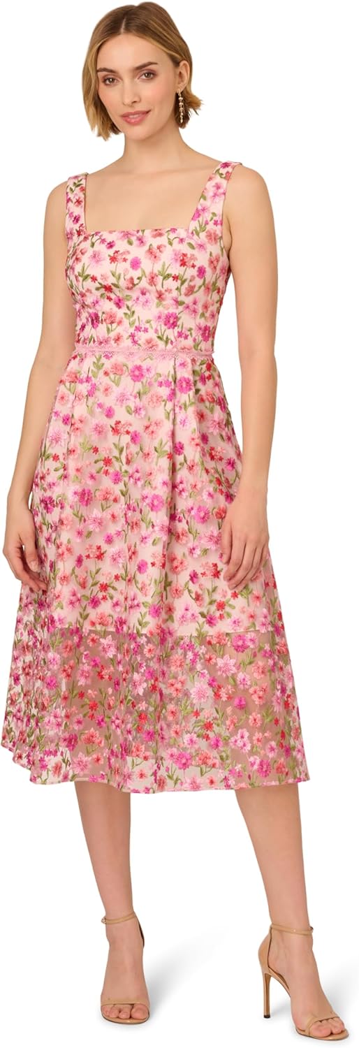 Adrianna Papell Womens Floral Embroidery Midi Dress