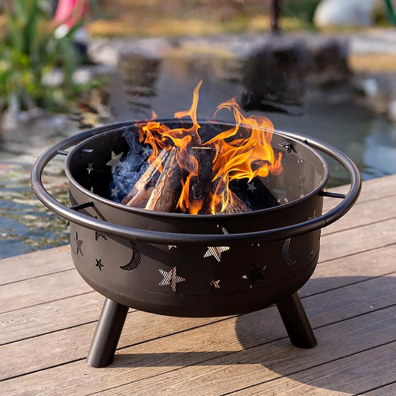 Backyard Patio Garden Stove Wood Burning BBQ Fire Pit with Spark Screen Cover,Poker,Fire Pit Cover,Grill for Campfire Bonfire,Square Lingge
