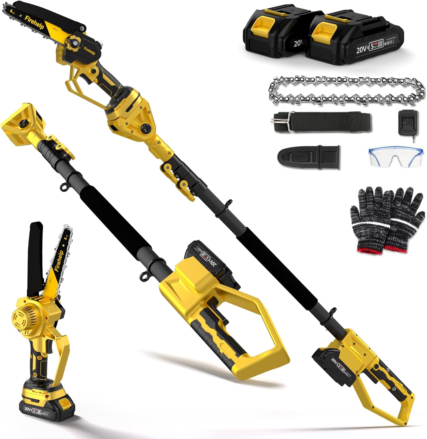 2-in-1 Electric Pole Saw, 6 Inch Mini Chainsaw Cordless Pole Saw with Extension Pole for Tree Trimming, 2 x 2000mAh Battery, Powered Pole Chain Saw, Tree Trimmer Limb Branch Cutter Pruner