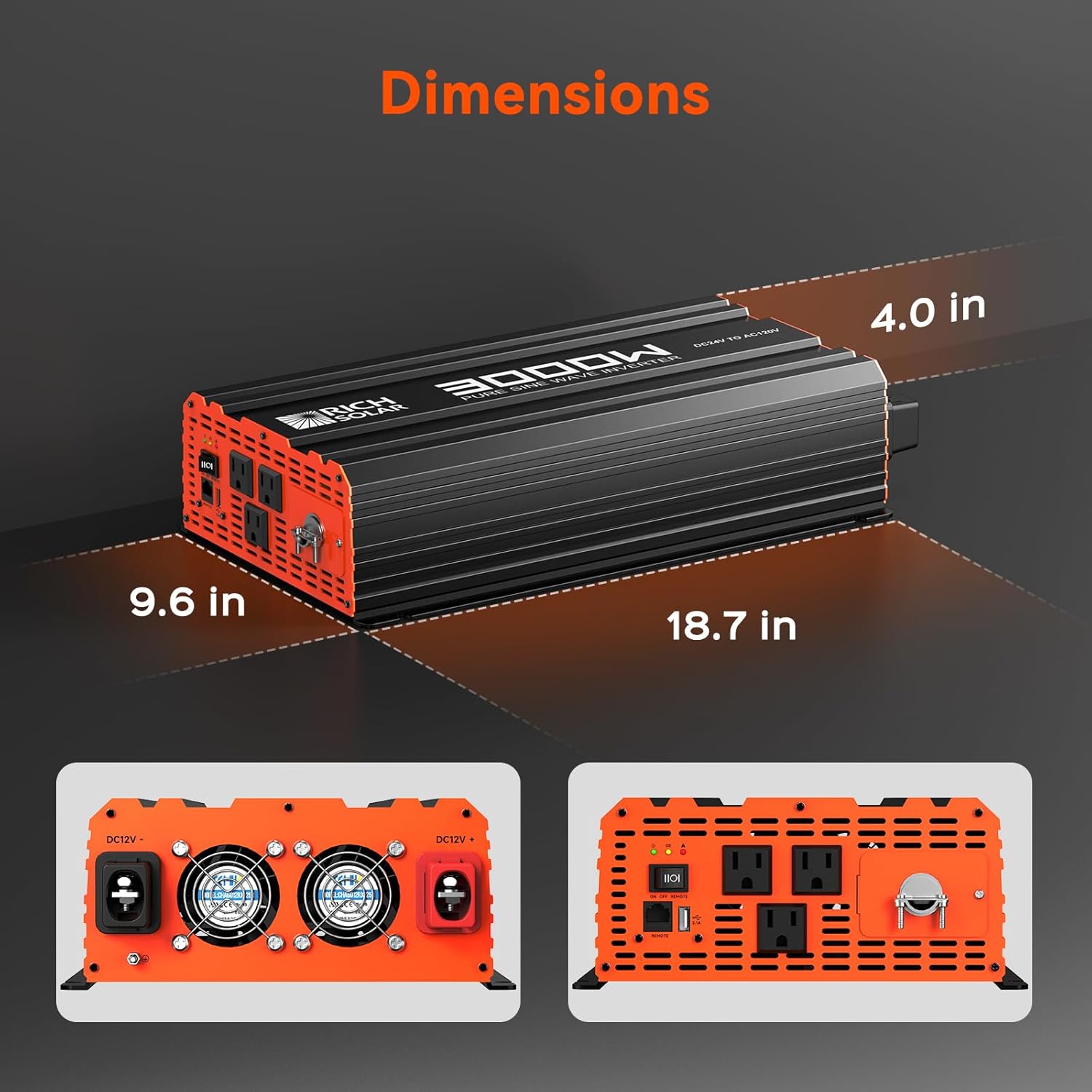 RICH SOLAR 3000 Watt 24 Volt Industrial Pure Sine Wave Inverter 24V DC to 120V AC Converter for RV Trailer Marine Off Grid Home
