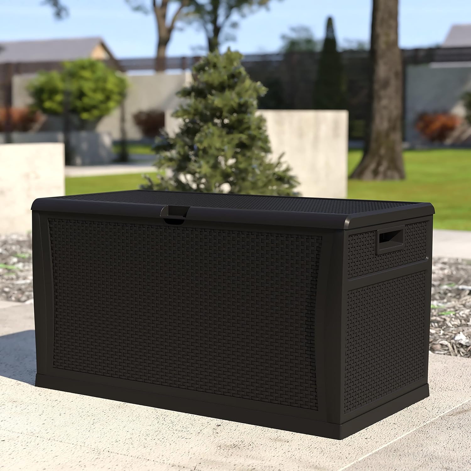EMMA + OLIVER 120 Gallon Black Plastic Deck Box for Outdoor Patio Storage & Deck Organization