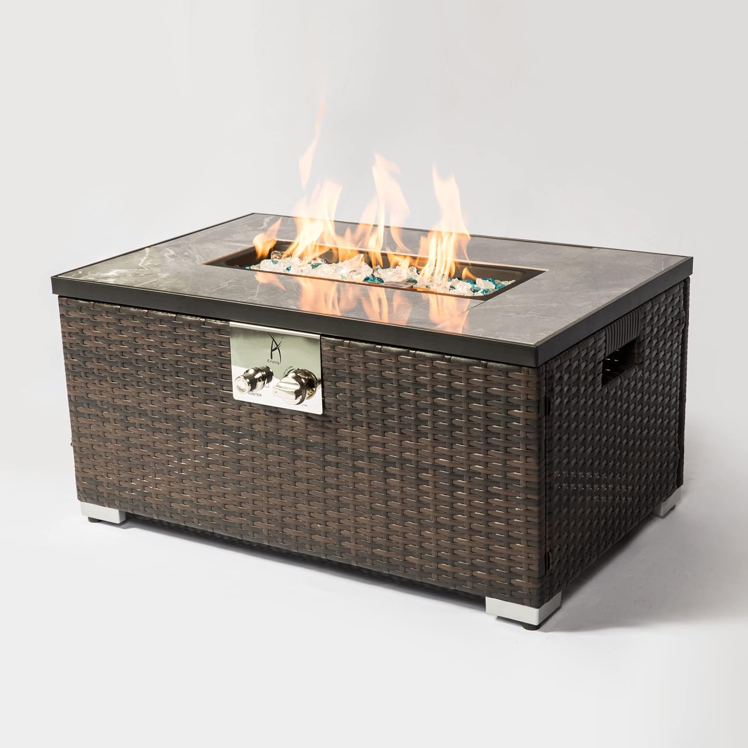 Outdoor Fire Table Propane Fire Pit Rattan Gas fire Table, Gas fire Table with Tile Tabletop