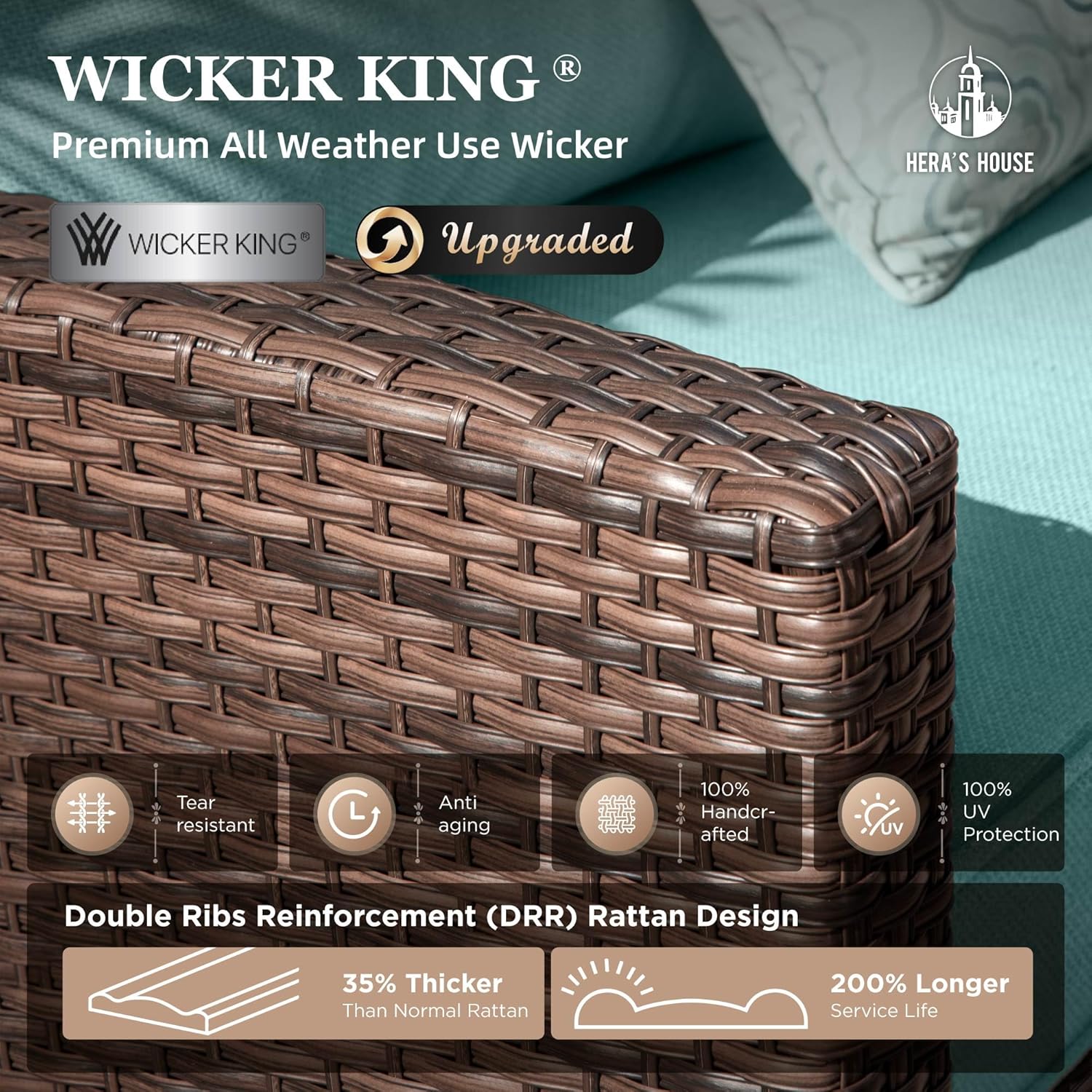 HERA'S HOUSE Patio Furniture Set with Fire Pit Table, 2 x Single Chair, 2 x Ottoman, 3-Seat Sofa, 6 Pieces Wicker Outdoor Sectional Conversation Sets for Lawn Backyard, Brown/Blue