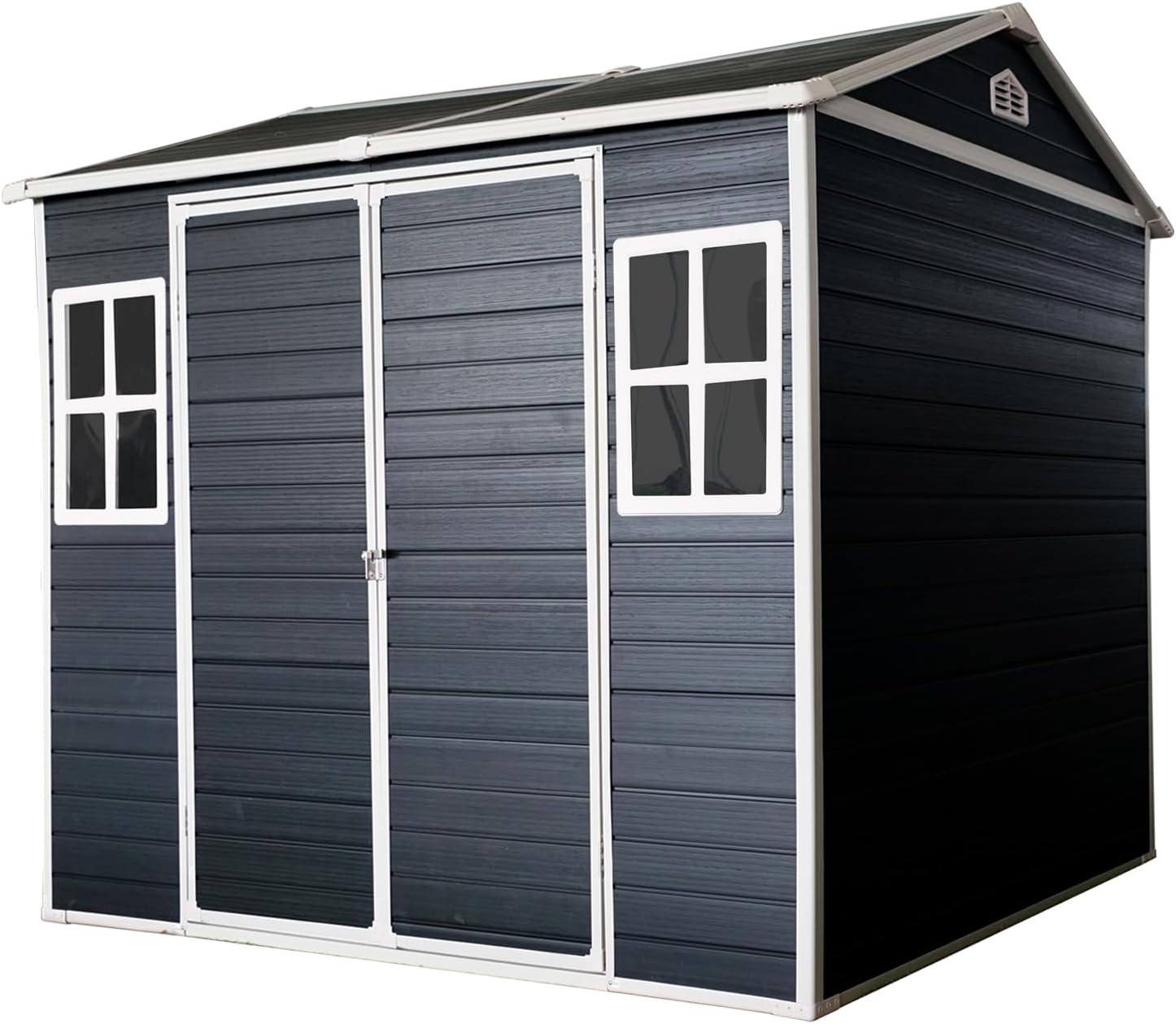 8 x 6 FT Outdoor Storage Shed, Resin Garden Shed with Double Doors, Windows & Shutter Vents, Tool Shed Tiny House Vertical Outside Storage Building for Backyard, Black