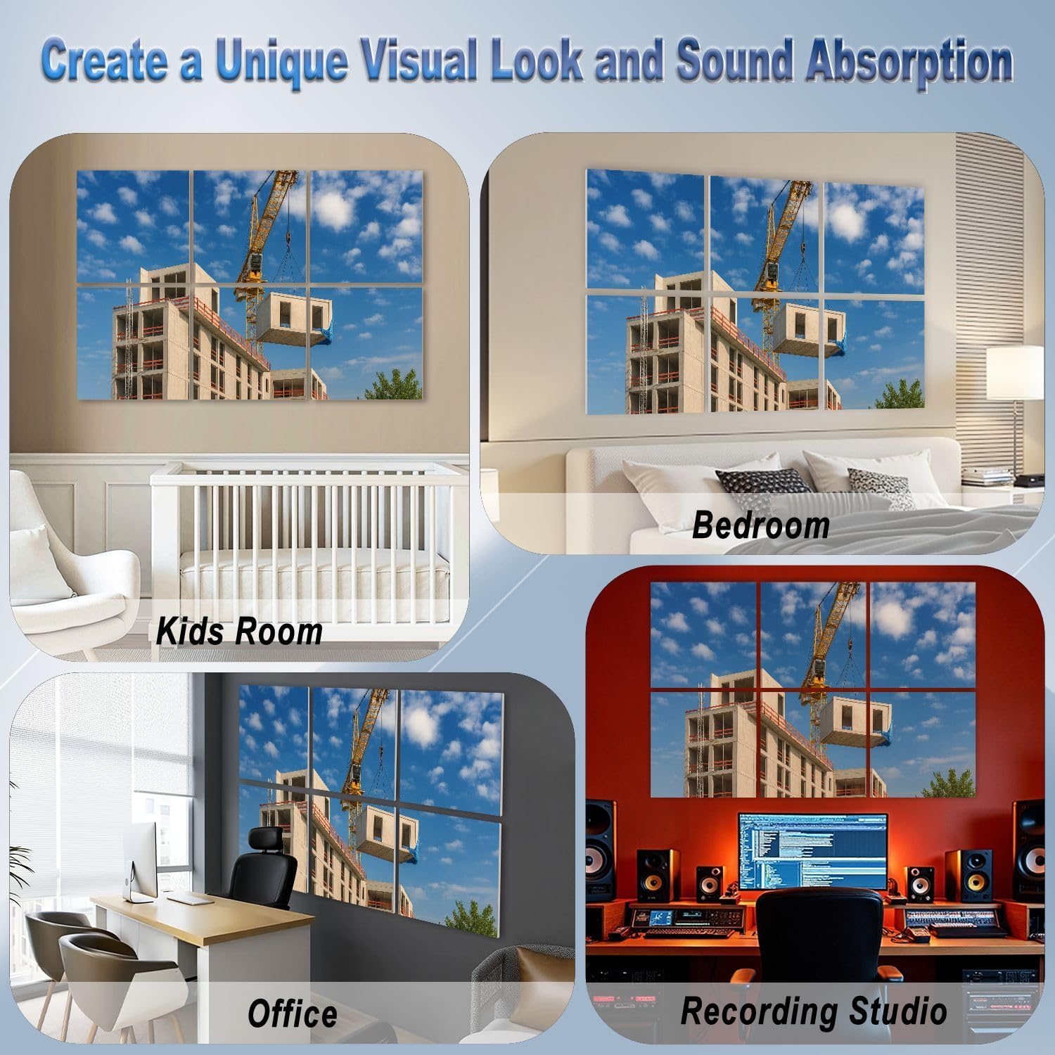 6 Pack Art Acoustic Panels Self Adhesive Crane lifting prefabricated wooden building module to its position Decorative Soundproof Wall Panels Sound Absorbing Panel 48