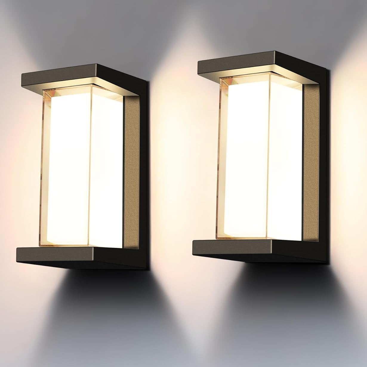 Juyace 18w Outdoor Porch Lights Exterior Lighting Fixtures Wall Mount Rectangular Modern Patio Sconces 1800Lm 3000k Aluminum Black IP65 for Garage House Front Door Entryway (2 Pack)