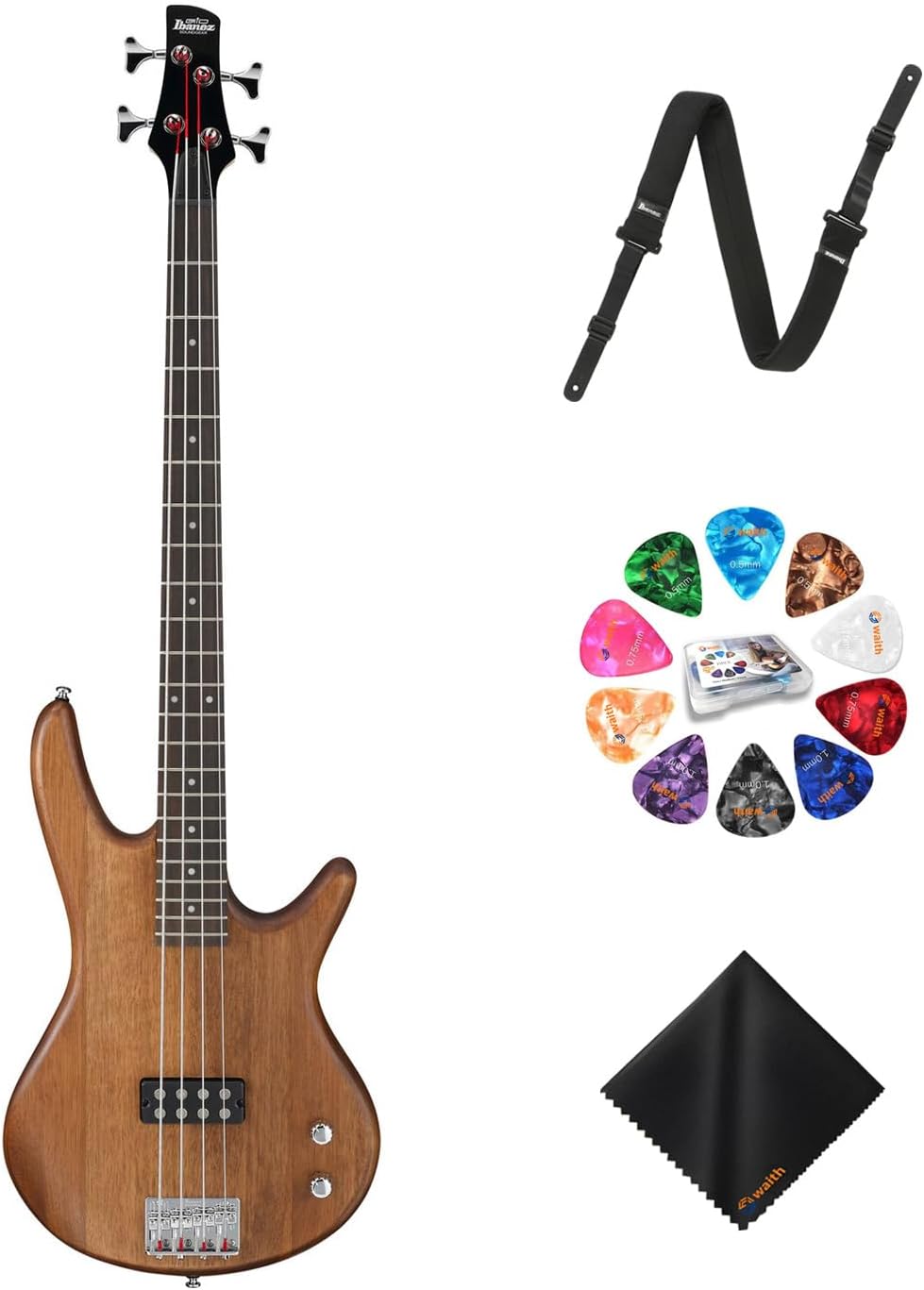 Ibanez GSR100EXMOL Electric Bass Guitar (Mahogany Oil) - Right Handed Poplar Body Bass with GSF50 Powerpad Strap, 15 Pack Guitar Picks with Storage Box & Microfiber Cleaning Cloth (Bundle Set)