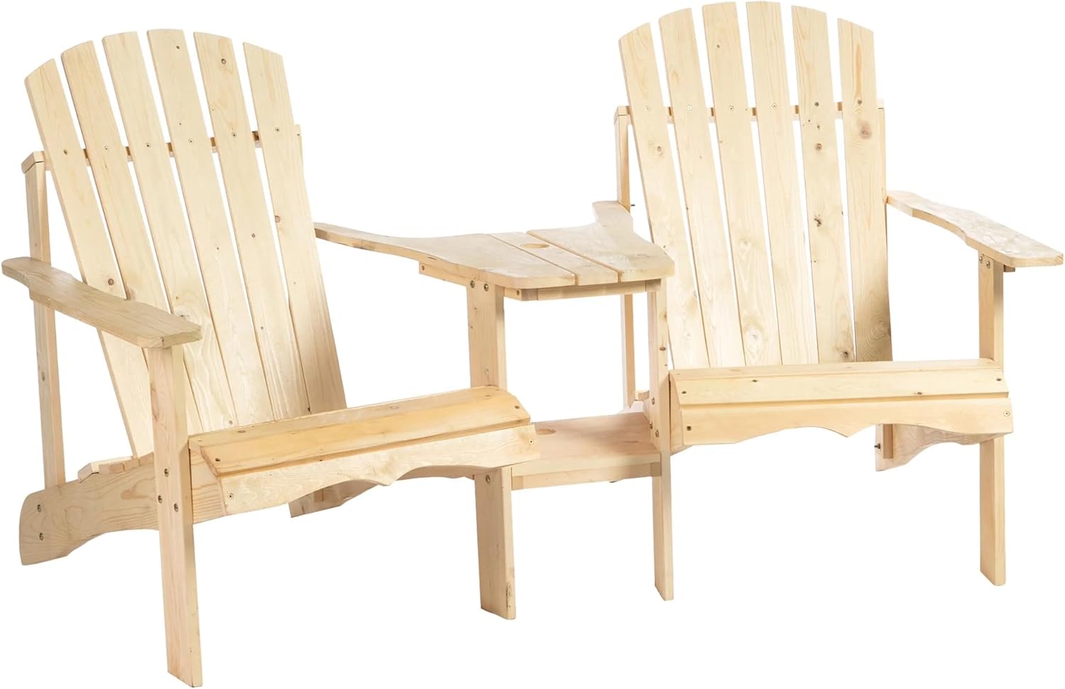 Wooden Adirondack Chair for Two, Outdoor Fire Pit Chair Set with Table & Umbrella Hole, Patio Outdoor Chairs for Deck Lawn Pool Backyard, Natural