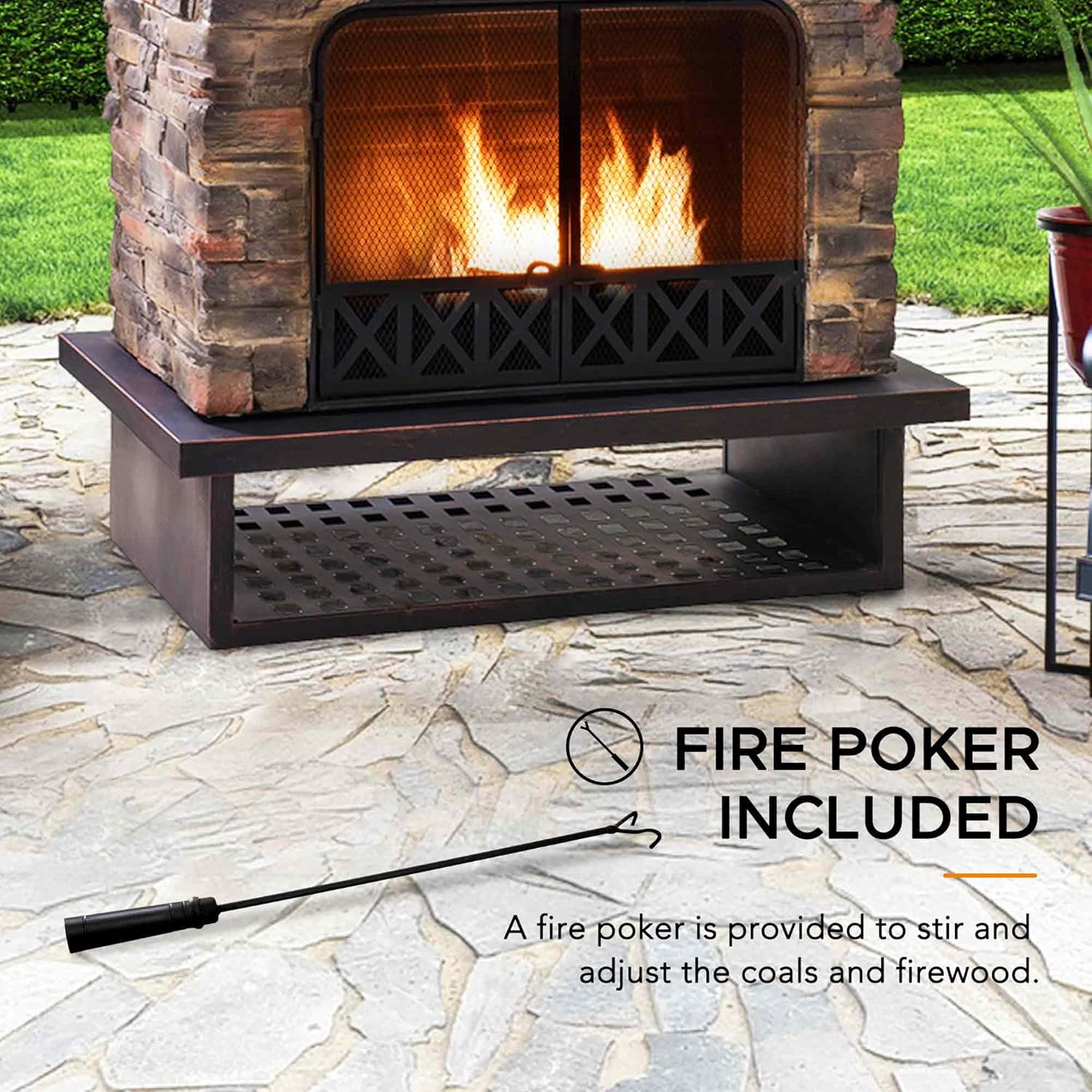 Sunjoy Outdoor Fireplace, Heavy Duty Patio Wood Burning Fireplace with Steel Chimney, Mesh Spark Screen Doors, Removable Grate and Fire Poker, Black