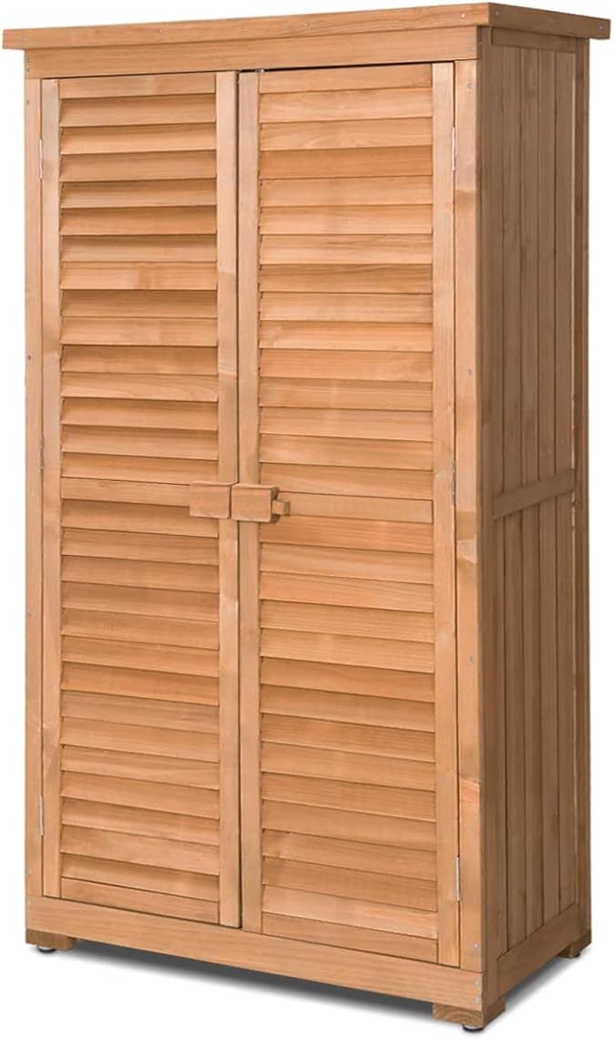 GRAFFY Outdoor Wooden Storage Shed, Garden Tools Cabinet with Shutter Design, Wooden Storage Cabinet with Tilted Asphalt Roof, for Garden, Yard, Patio
