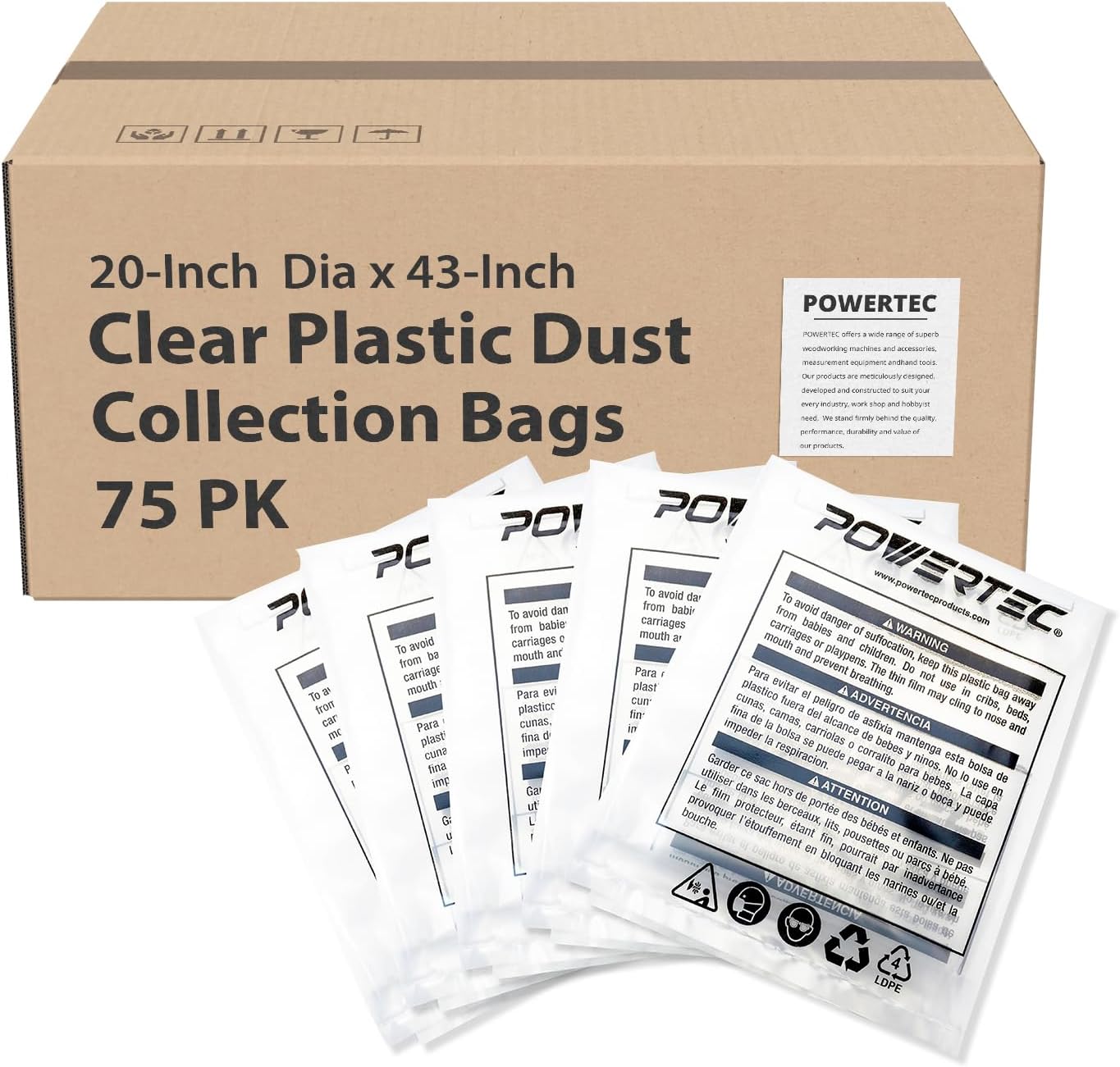 POWERTEC 70002-Case15 Clear Plastic Dust Collection Bags, 20