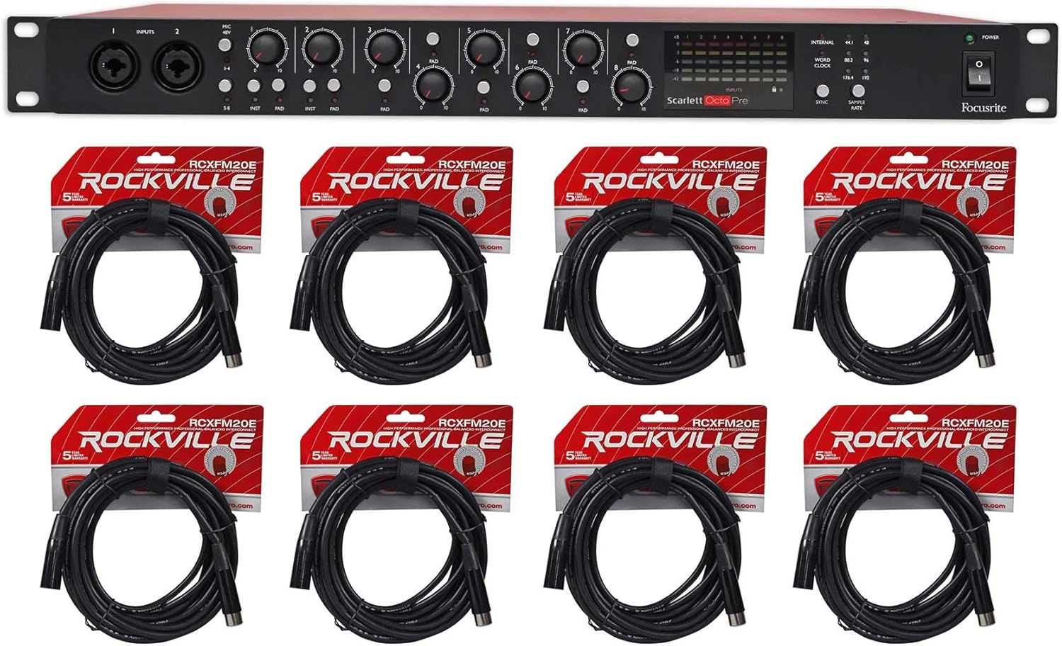 Focusrite Scarlett OctoPre 8-Channel Microphone Mic Preamp w/ADAT 192 kHz 109dB Bundle with (8) RockvilIe RCXFM20E-B 20 Foot Female to Male XLR Mic Cable Black 100% Copper