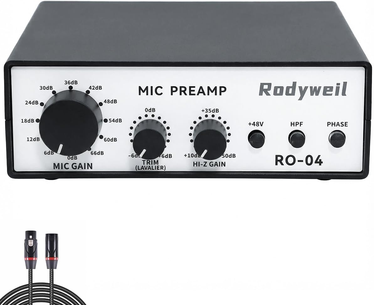 RO-04 Pro Mic Preamp 0~72db Adjustable Gain Boost with Hi-Z, 48V, HPF, Phase for Dynamic Condenser Ribbon Microphone, Guitar, Bass Recording and Podcasting