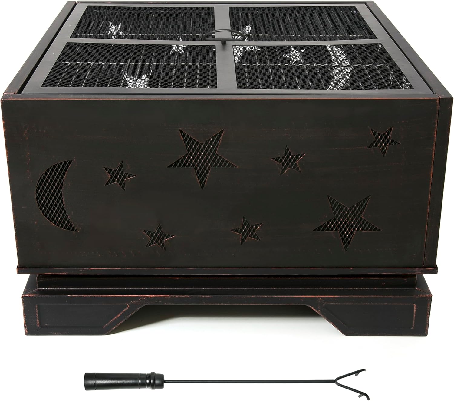 26 Inch Square Fire Pit with BBQ Grill, Outdoor Wood Burning Firepit with Poker, Large Burning Space Fireplace for Patio GCamping Backyard Picnic Bonfire