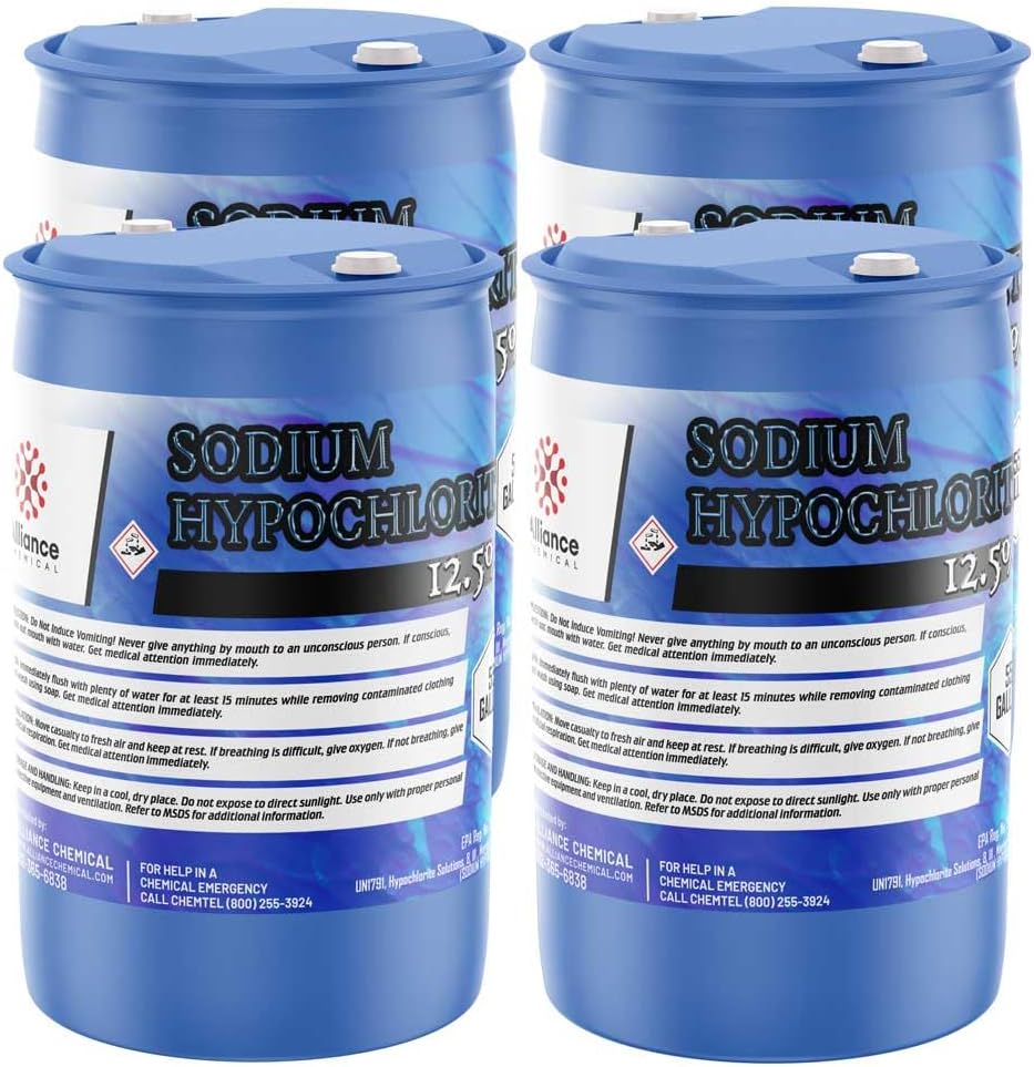 Sodium Hypochlorite 12.5% - Bulk Pool Chlorine & Disinfectant - 4 x 55 Gallon Drums - High Purity