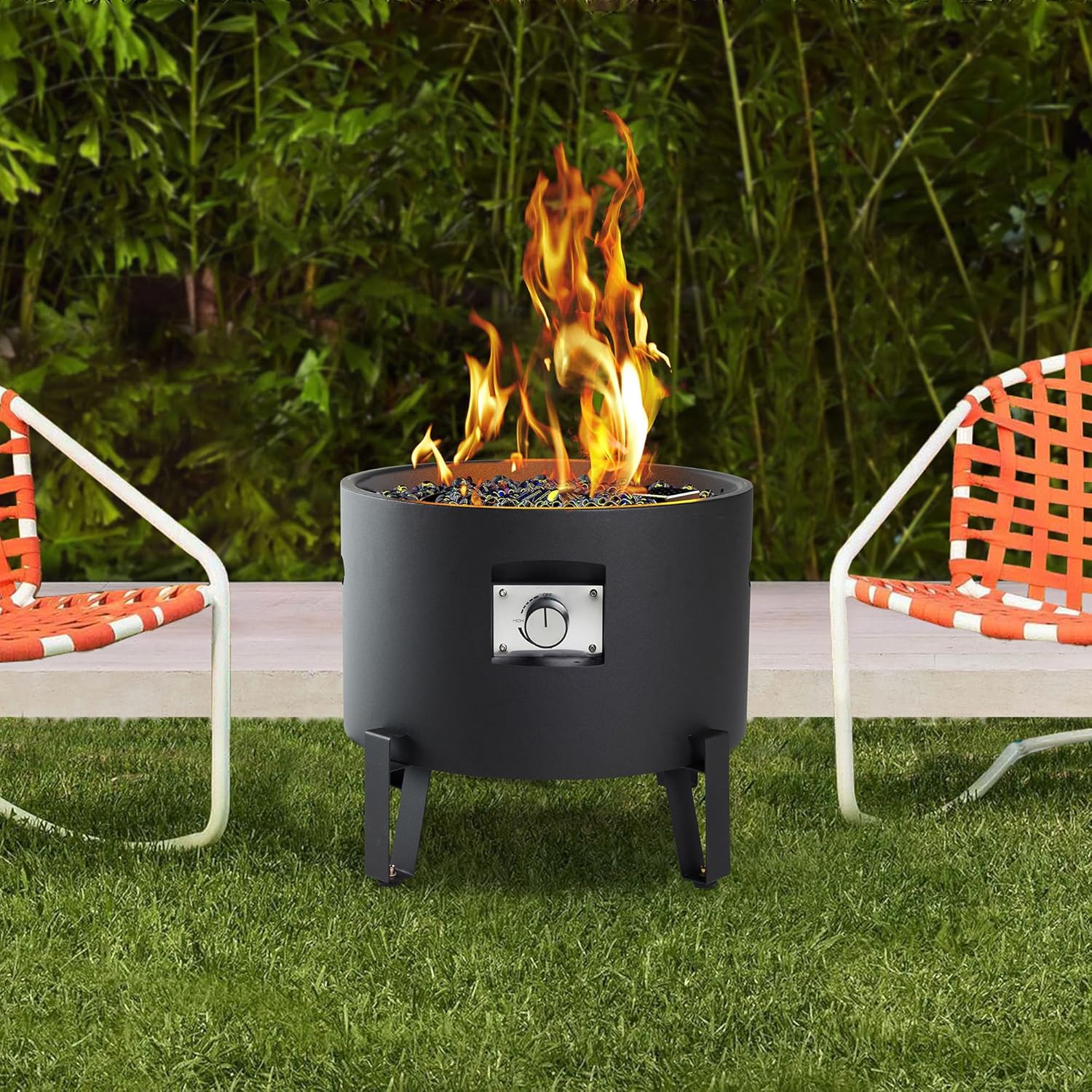 Portable Gas Fire Pit with 20Lb Propane Tank Cover, 50,000 BTU Compact Portable Outdoor Fire Pit w/Glass Shards, Lid, 10Ft Propane Hose - Black