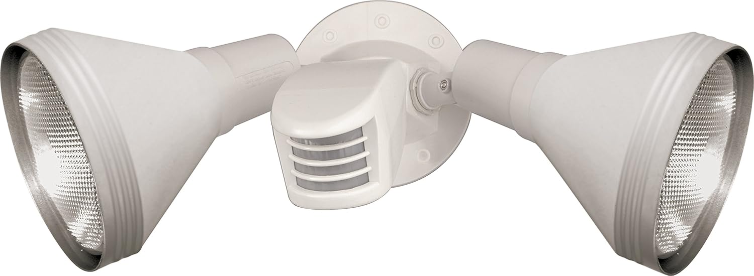 Satco SF76/530 Two Light Outdoor Heavy Duty Cast Aluminum Durable Weather Proof Security Flood Light with Motion Sensor and Protective Reflector Shields, White